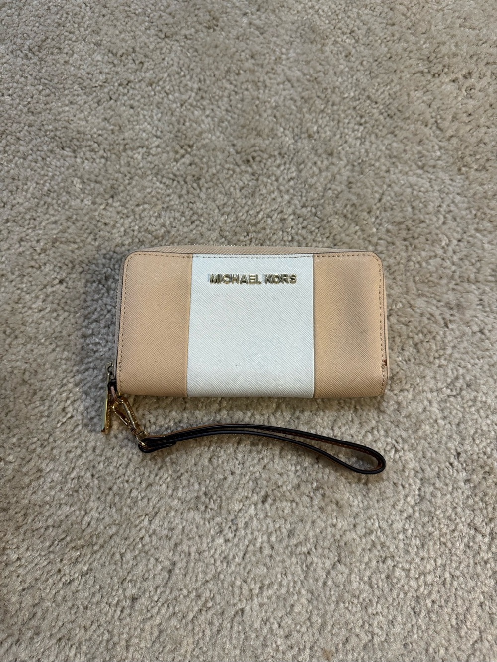 Michael Kors Jet Set Colorblock Beige and White Stripe Zip Wristlet